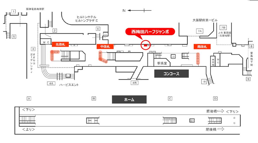 御堂筋ハーフジャンボ掲出位置図・西梅田駅