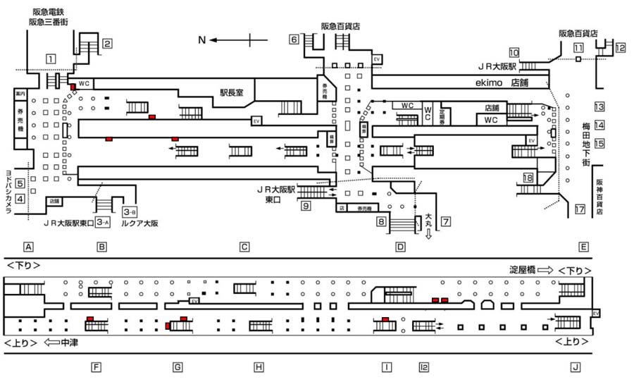 梅田・なんばセット掲出位置図・梅田駅
