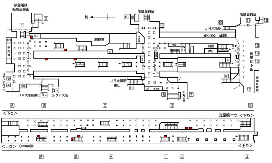 梅田セット10・なんばセット掲出位置図・梅田駅